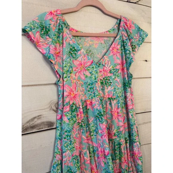 Lilly Pulitzer Tiered Flutter Sleeve V Neck Floral Print Dress XS - Picture 2 of 6